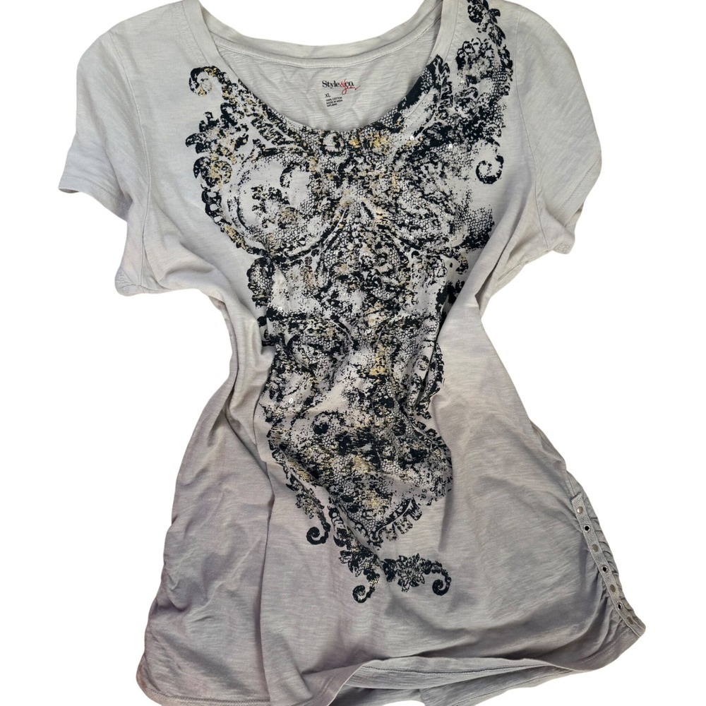 y2K Style Co XL Womens Gray Black Gold Damask Print Graphic T Shirt‎ IndieSleeze